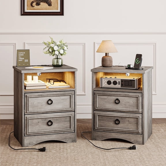 Hujauu Nightstand Set of 2 with Charging Station & LED, Night Stand with 2 Drawers & Open Compartment, Beside Table and End Table for Bedroom, Gray