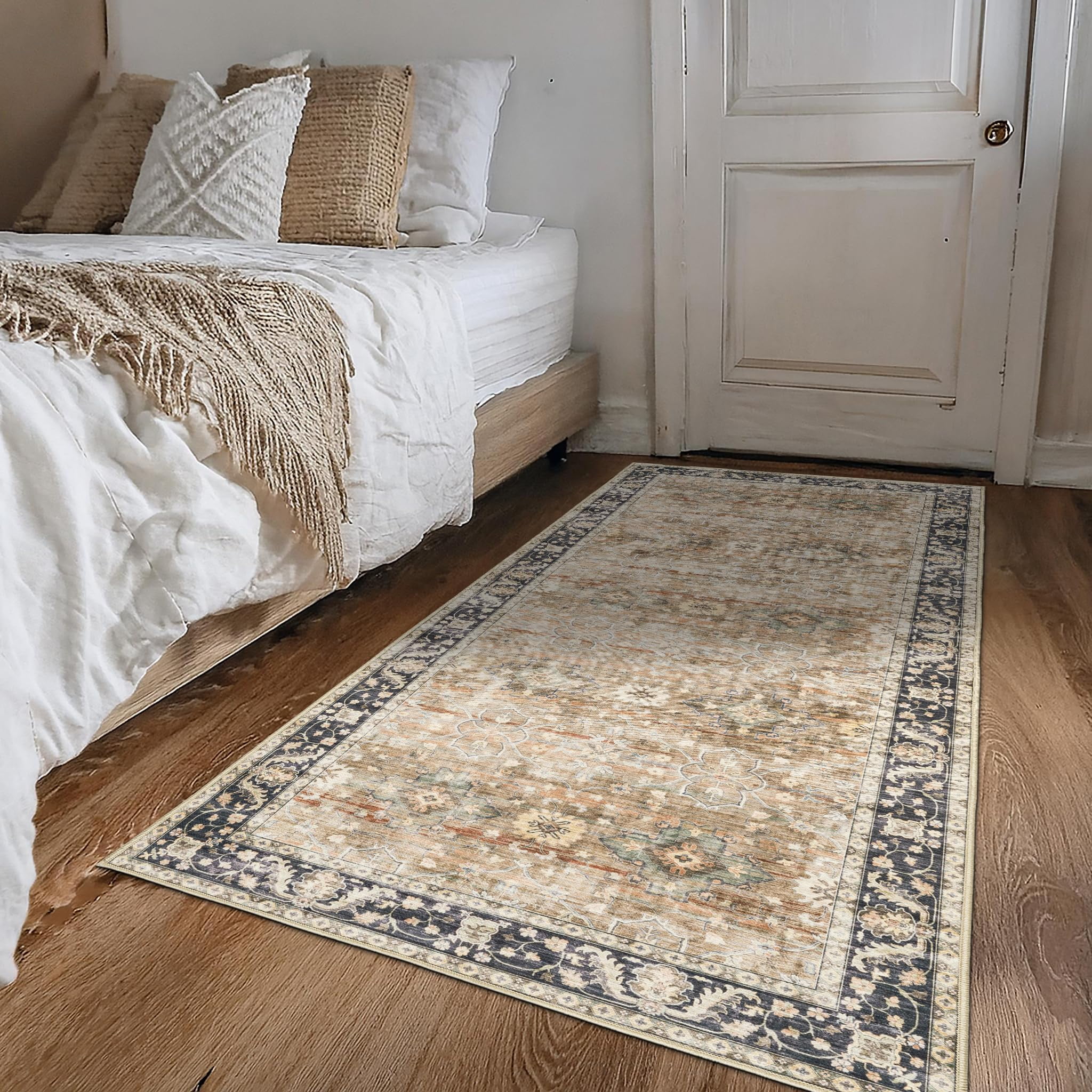 ReaLife Machine Washable Area Rug Runner - Living Room Bedroom Bathroom Kitchen Entryway Office - Padded Low Pile Stain Resistant Premium - Boho Farmhouse Vintage - Bev - Beige Tan Brown 2'6" x 10'