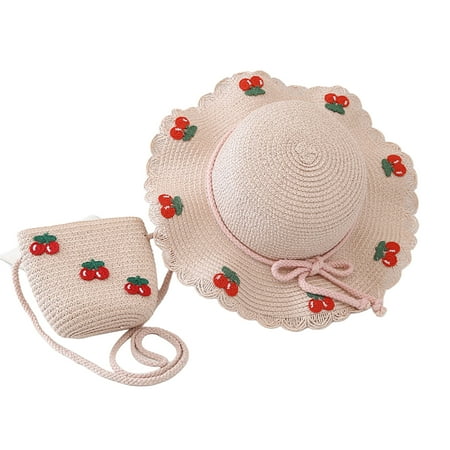 

Miarnea Elegant Baby Girl s Set: Cherry Decor Lace Trim Straw Hat Paired with a Matching Handbag Breathable and Perfect for Summer Outings