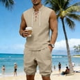 thumbnail image 4 of Eryao Big and Tall Men Workout Set 2 Piece Casual Sleeveless V Neck Muscle Shirts and Elastic Waist Shorts with Pockets Summer Beach Vacation Lounge Sets,Khaki,M, 4 of 9