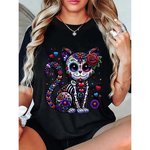 Sugar Skull T-Shirt, Graphic Tees for Women，Interesting design，Causal Short Sleeve Top，Crew neck，Fashion，cotton，black，S-5XL