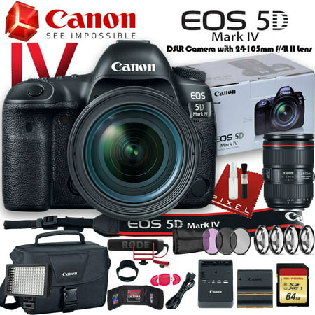Canon EOS 5D Mark IV DSLR Camera with 24-105mm f/4L II Lens (USA Model) W/ Canon Bag, Extra Battery, LED Light, Mic, Filters and More - Advanced
