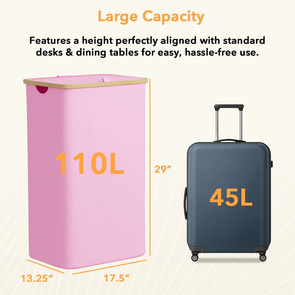 PLUMEBAY 110L Laundry Hamper with Lid, Large Foldable Clothes Basket with Bamboo Handles, Tall Fabric Hamper for Bedroom, Bathroom, Dorm, Pink