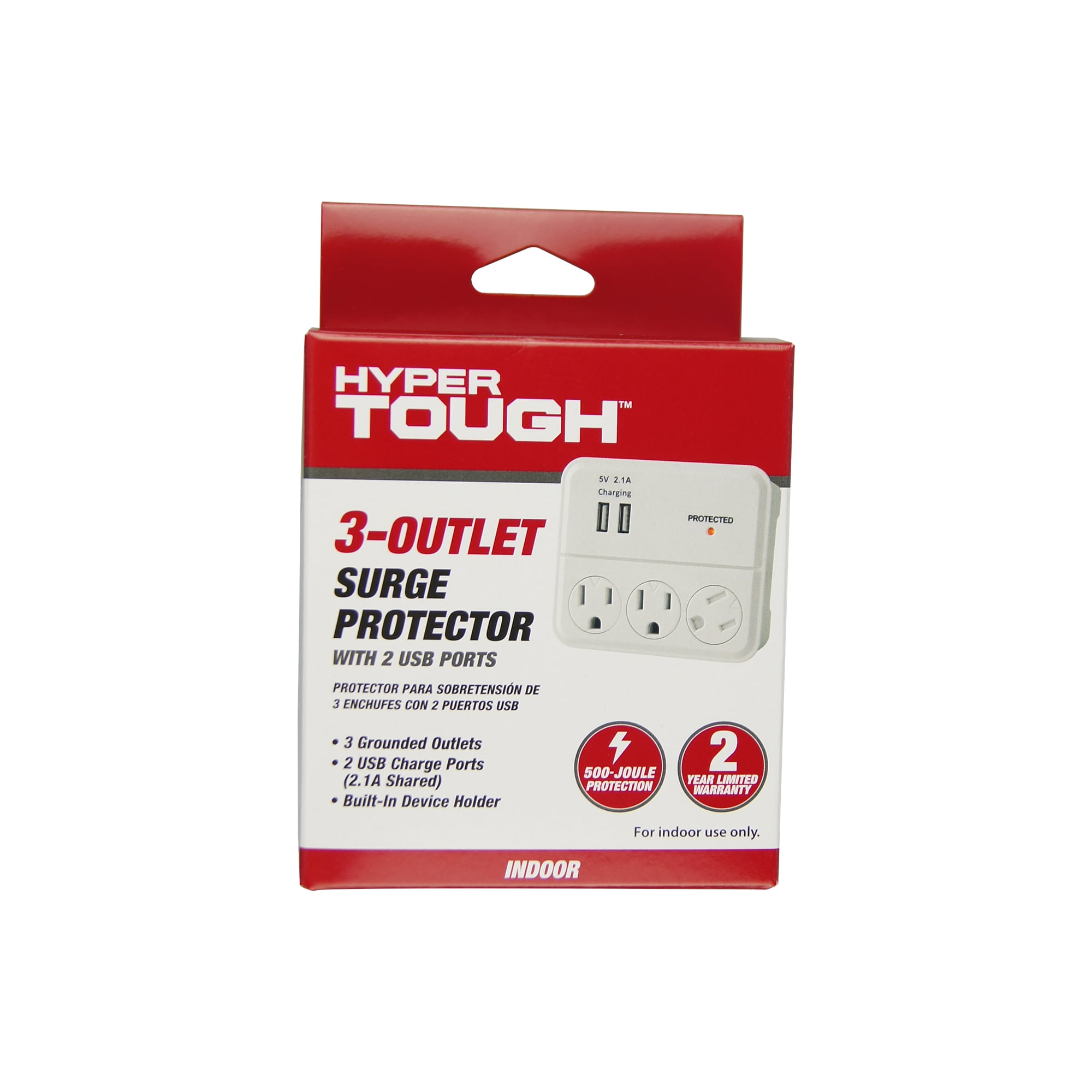 Hyper Tough 2 Outlet Plug Surge Tap With 2 USB Ports White Wall Charger Adapter