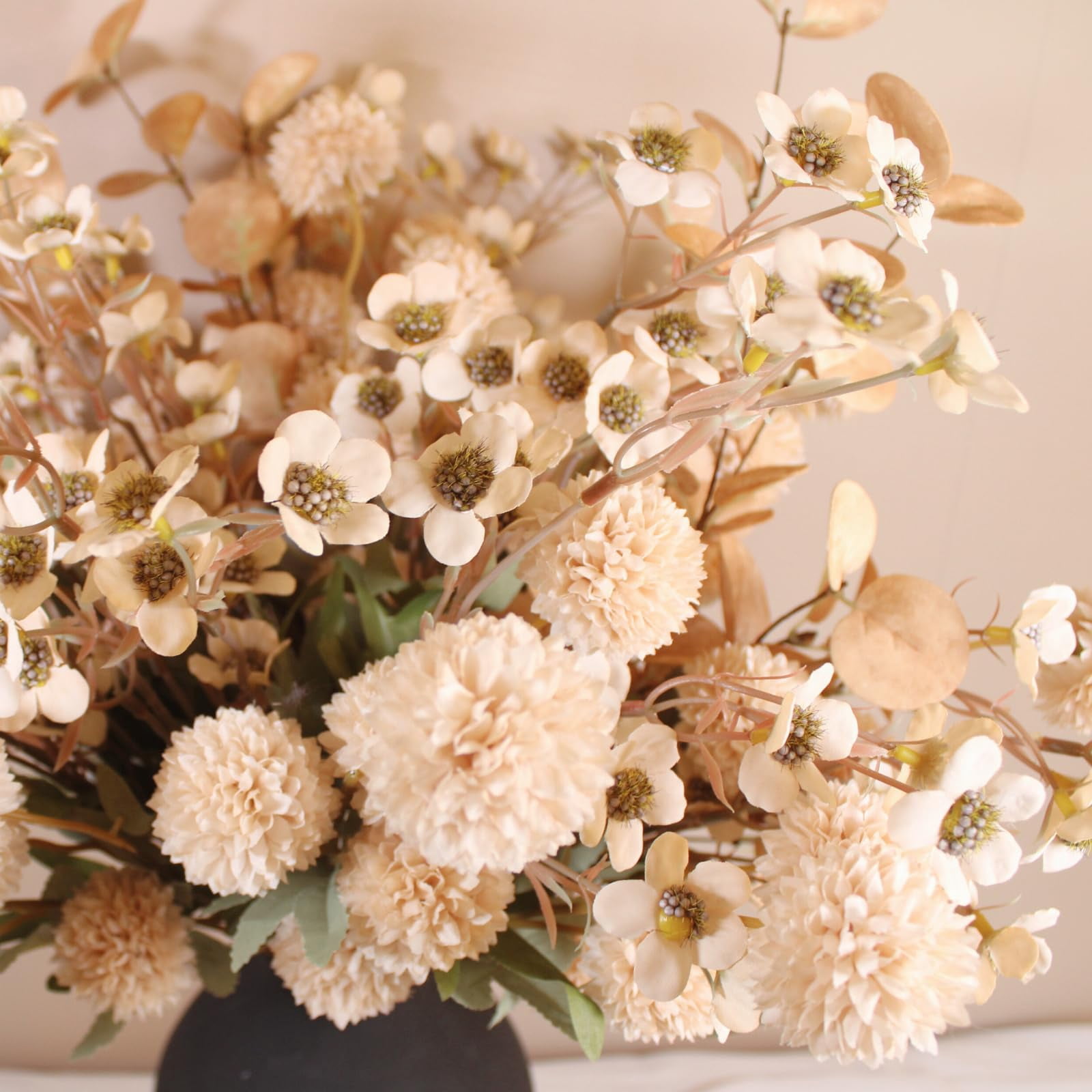 10 Stems Beige Flowers Artificial + Eucalyptus, Fake Mums Long Stem Faux Flowers For Vase, Neutral Floral