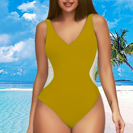 Stephy Women s Swimsuit Slimming Bathing Suit Deep V Neck Color Block Back Swimwear  Gold Women s One Piece Swimsuits  M