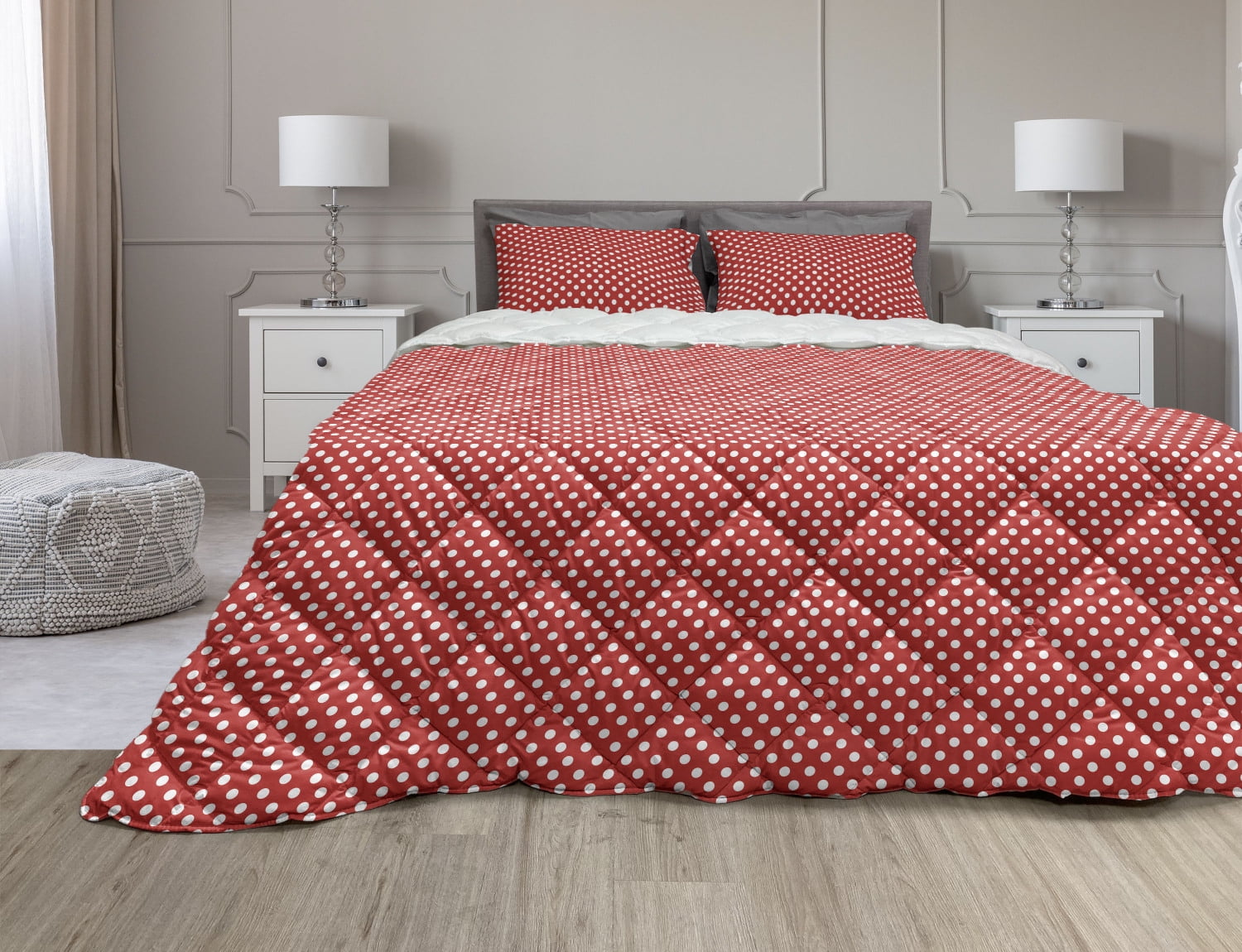 Retro Comforter & Sham Bedding Set, Vintage Polka Dots Big Plain