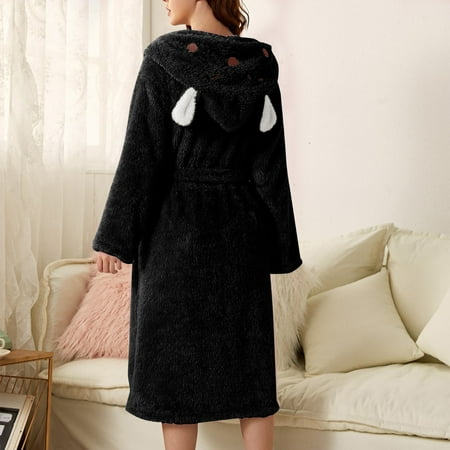 IDALL Robes for Women Nightgowns for Women Robe Double 3D Ear Hooded Flannel Bathrobe Double Faced Velvet Bathrobe Home Wear Pajamas Women s Lingerie  Sleep & Lounge Black S