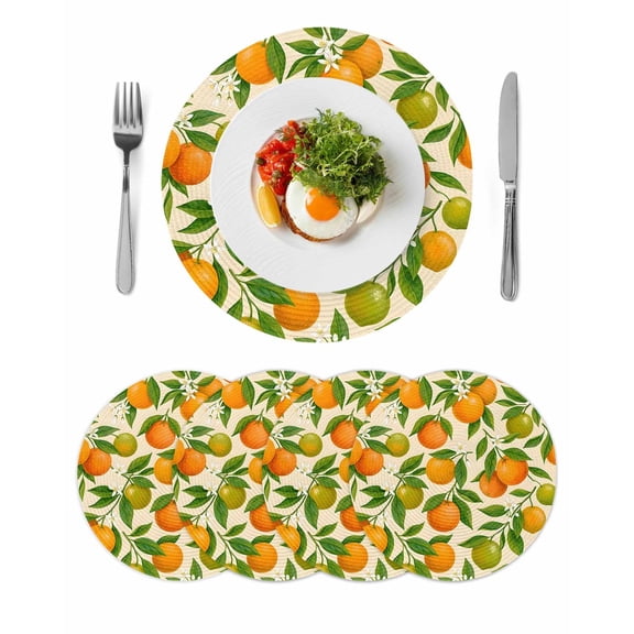 Green Orange Round 15 Inch Placemats Set of 4, Summer Botanical Leaves Watercolor HeatResistant Non Slip Place Mats for Dining Table, Wipeable Braided Kitchen Table Mats for Housewarming