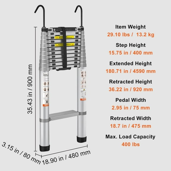Portable 15FT Telescoping Ladder, 400LB Capacity, Quick-Release Button, Anti-Slip Feet, Compact for RV/Home/Loft, ANSI Complian