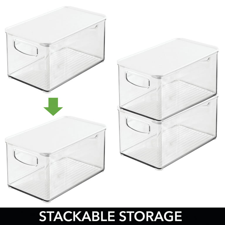 mDesign Slim Plastic Storage Bin Box Container, Lid/Handles, 4 Pack, Clear /White