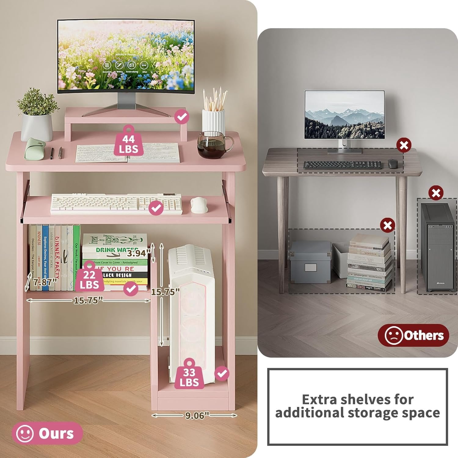 30" Small  Desk with Keyboard Tray  Stand, Study Writing Desk with Storage Shelves, Modern Workstation for Small Spaces, Save Space,