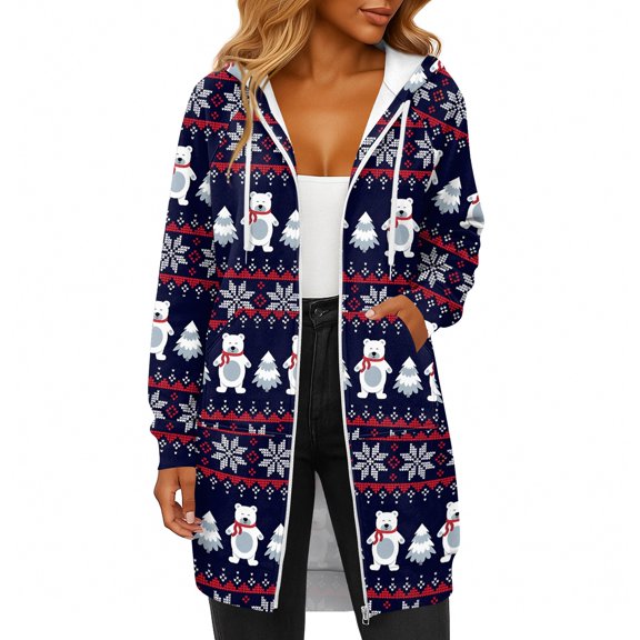 Women's Christmas Printed Long Sleeve Hooded Sweatshirt Jacket with Drawstring and Zipper Pockets, Fashionable Casual Wear for Fall and Winter,Red,2XL