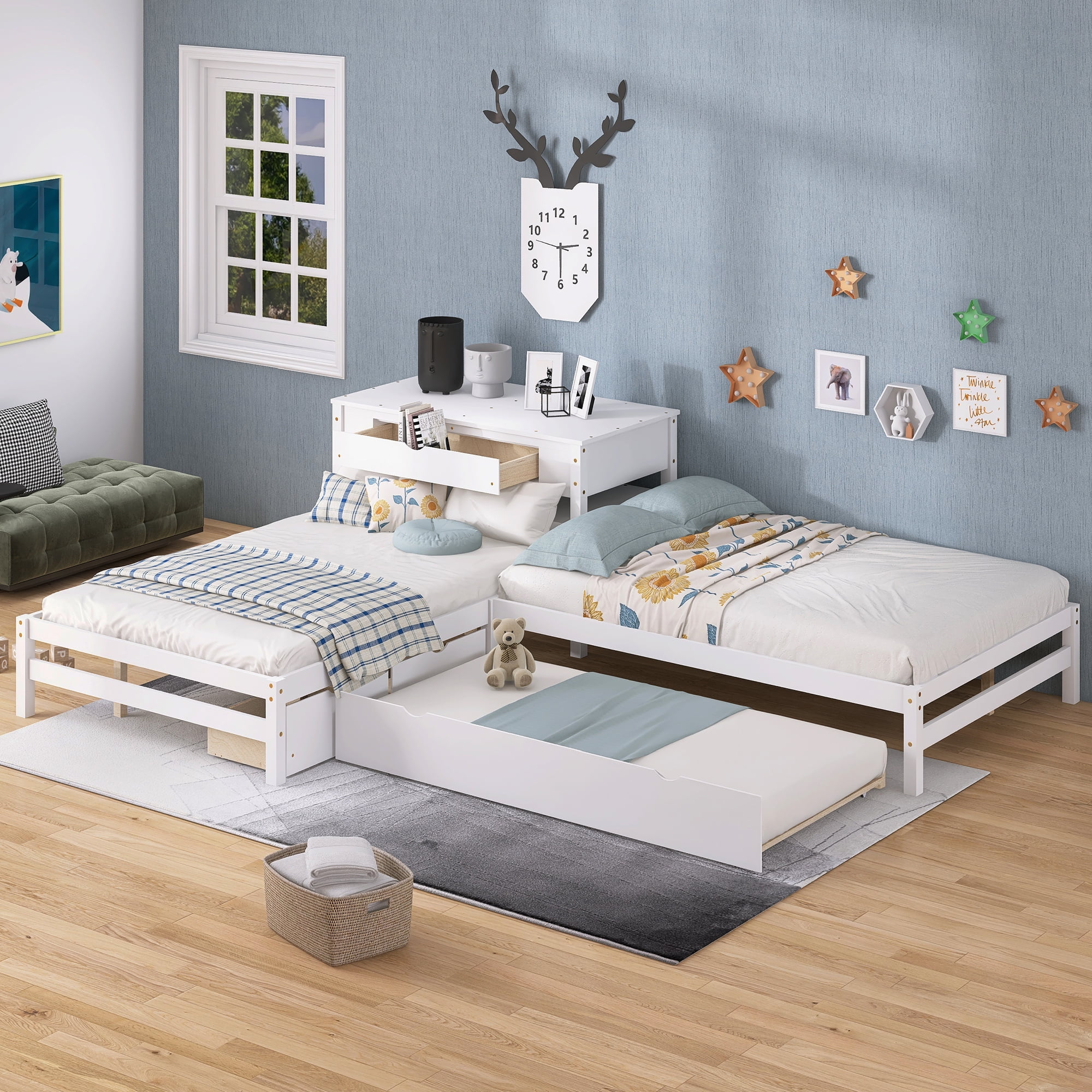 EUROCO Full Size L-Shaped Platform Beds with Trundle for Kids, White ...
