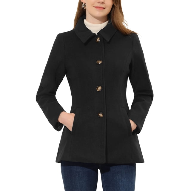 INSPIRE CHIC Manteau Long à Col Peter Pan pour Femme, Simple Boutonnage, TP, Noir
