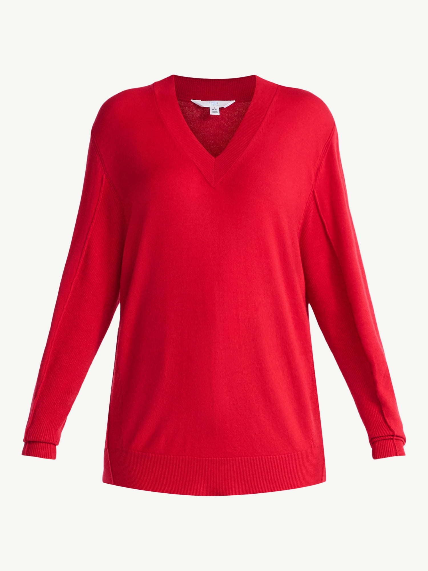 Time and Tru Women's Ribbed Panel V-Neck Sweater with Long Sleeves, Midweight, Sizes XS-XXXL