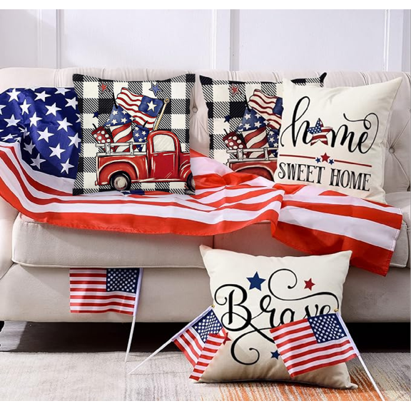 4th of July Pillow Covers Buffalo Plaids American Flag Truck Throw Pillow Case Patriotic Farmhouse Cushion Cover for Independence Day Memorial Day Home Office Sofa Couch, 18 x 18 in, 4 Pack