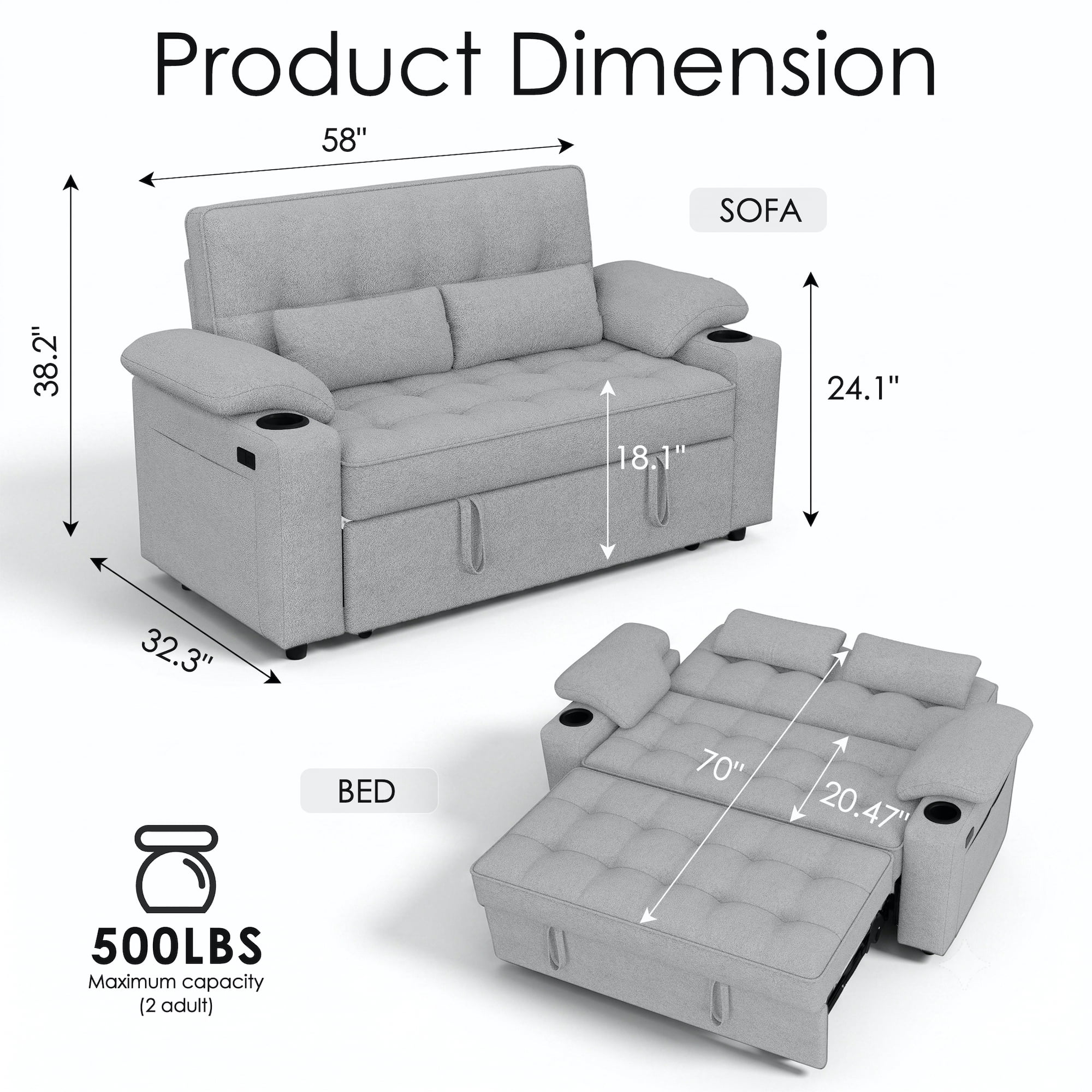 58" Sleeper Sofa Bed, Full Size Pull Out Couch, Towel Fabric Convertible Loveseat with USB Charging, Cup Holders, Adjustable Backrest & Side Pockets for Living Room, Apartment, Office (Light Gray)