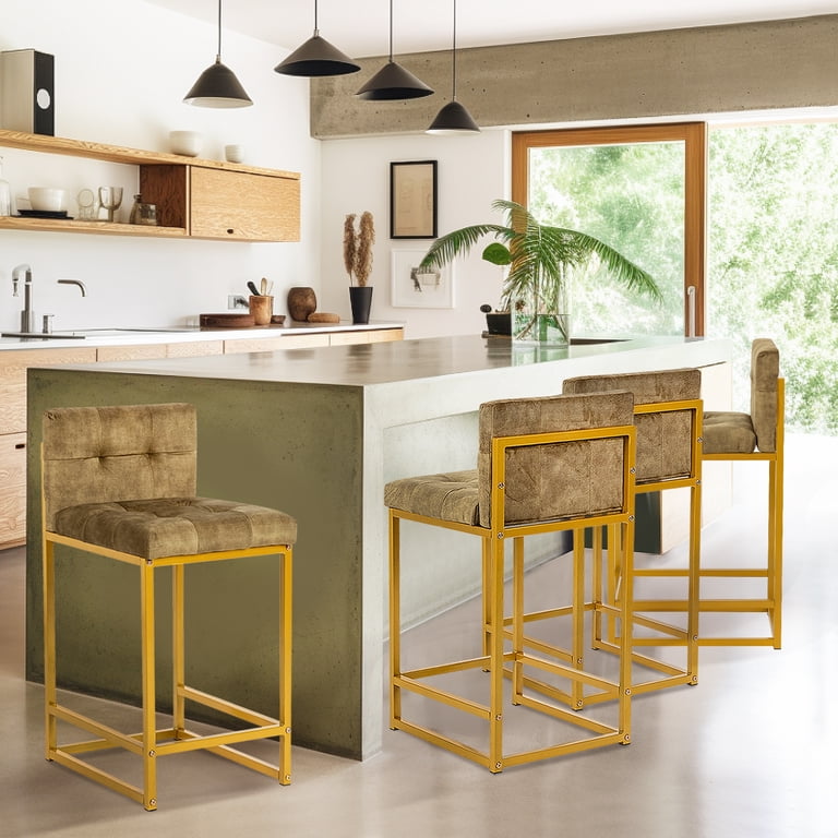 LEEJAY 24 inch Green Bar Stools with Back Set of 4,Velvet Counter