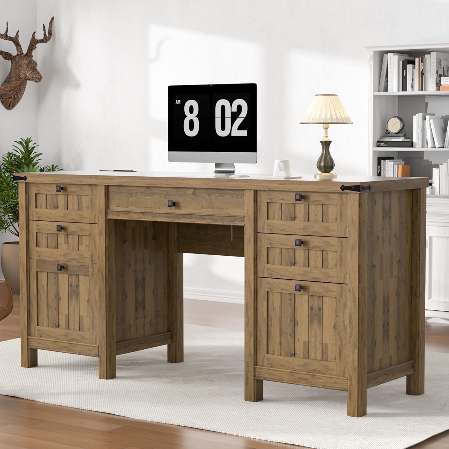 FIAKOA 62" Executive Desk, Modern Farmhouse Computer Desk with Drawers & Cabinet,Home Office Desk Writing Workspace for Work Study,Brown