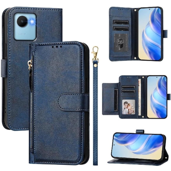 Étui pour Realme C30S avec Poche Zippée, Portefeuille Magnétique à Rabat avec 7 Emplacements pour Cartes et Dragonne