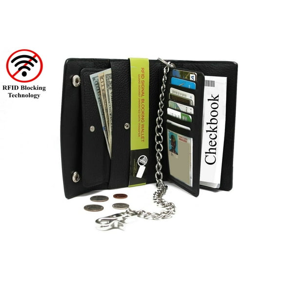 Black Leather Long Checkbook RFID Men's Tri-Fold Chain Wallet for Men Pebble texture by Juzar Tapal Collection