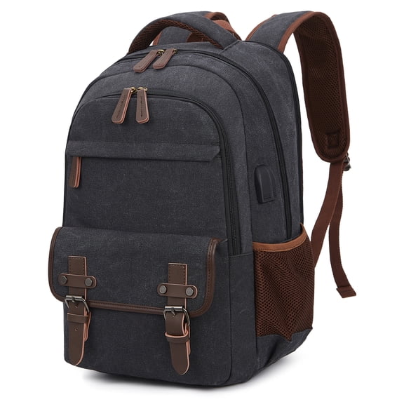 Canvas Travel Laptop Backpack for Men Women, business Work Rucksack College School Computer Bag Fits 15.6 Inch Laptop, Bookbag with USB Charging Port (Black)
