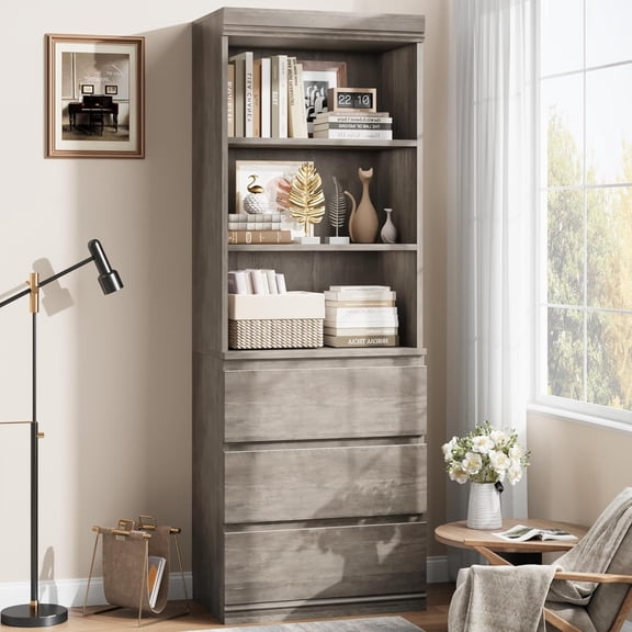 Bookcase with Drawers - Tall Bookshelf Farmhouse Bookcases Wooden Deep Bookshelves Storage Cabinet Organizer for Living Room/Study/Kitchen/Home Office - Grey