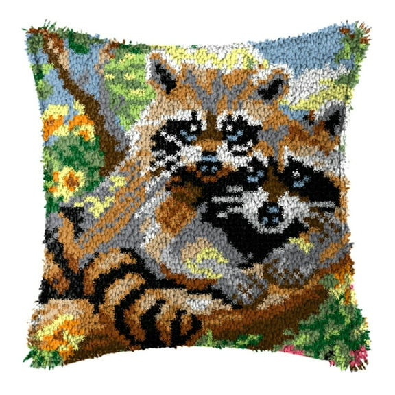 Latch Hook Kits for Adults Kids,Raccoon Pattern Color Printed Canvas DIY Throw Pillow Cover,Beginners Handmade Needlework Crafts Home Decoration 17x17inch