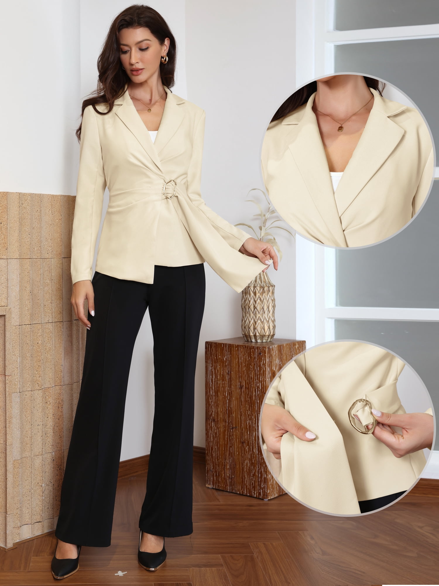 DARING DIVA Women's Casual Belted Notch Lapel Long Sleeve Blazer Jacket L Apricot