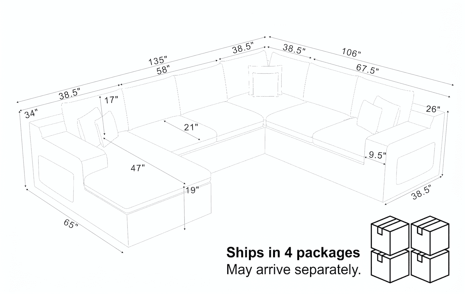 Howcool 135" Oversized Cloud Couch Modular Sectional Sofa, Deep Seat Sectional Couch with Side Pockets & Toss Pillows, 6 Seat Upholstered Sofa with Toss Pillows for Living Room,Grey