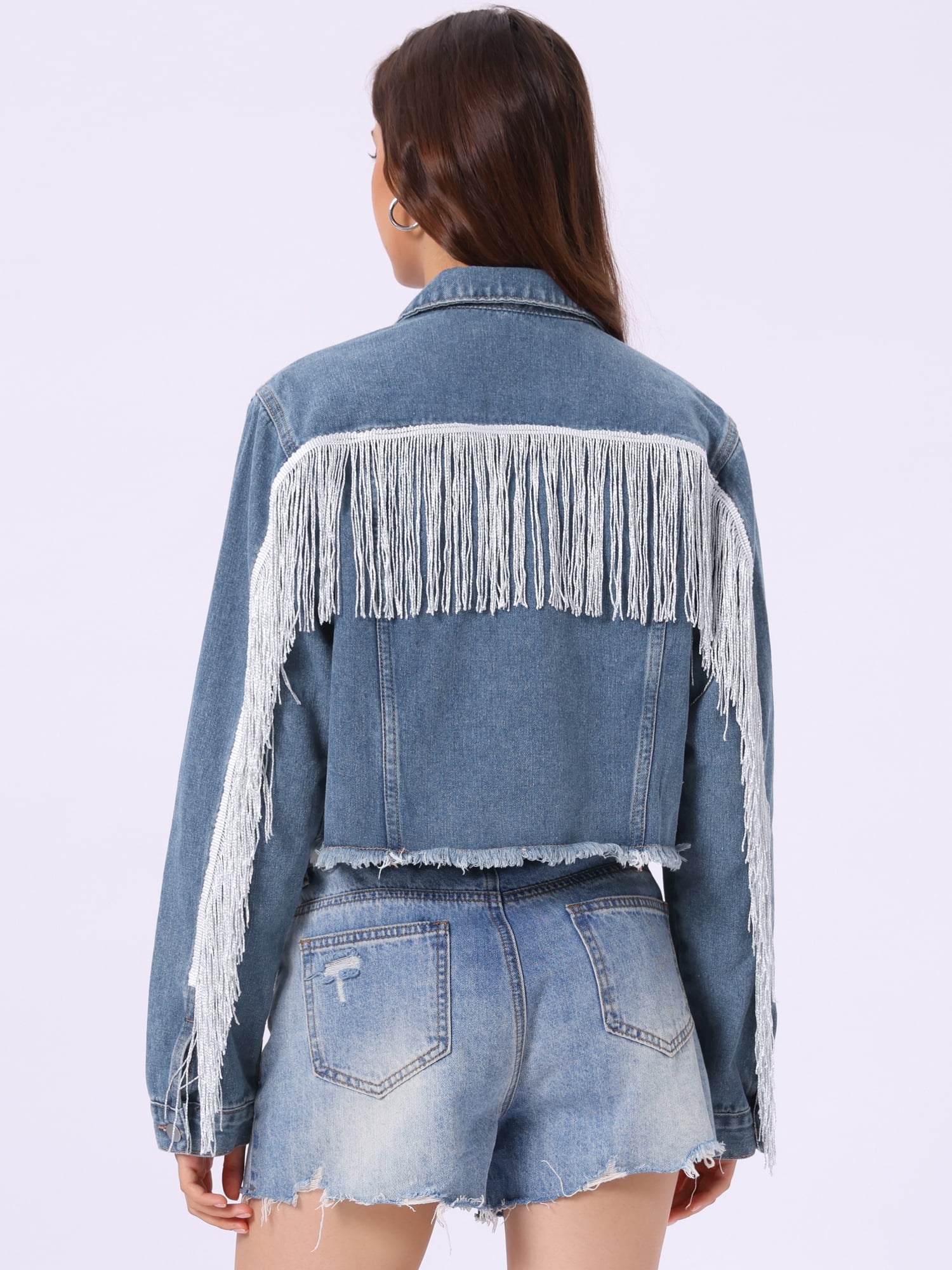 DARING DIVA Women's Cropped Jean Long Sleeve Frayed Tassel Fringe Denim Jacket XL Gray Blue