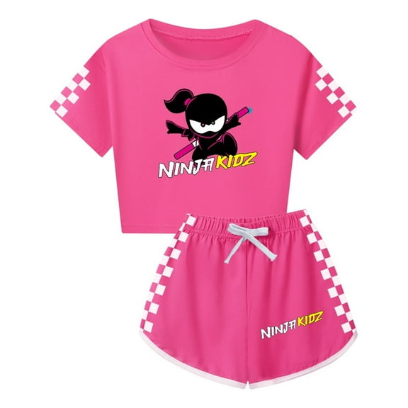Little Girls Ninja Kidz Apparel – Kids Cute 2-Piece Summer Crop Top and Shorts – Cartoon Characters