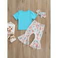 thumbnail image 4 of Genuiskids Toddler Girls Summer Easter Three Pieces Clothes Outfit Shorts Sleeve Printed Tops Floral Print Flare Pants Headband, 4 of 9