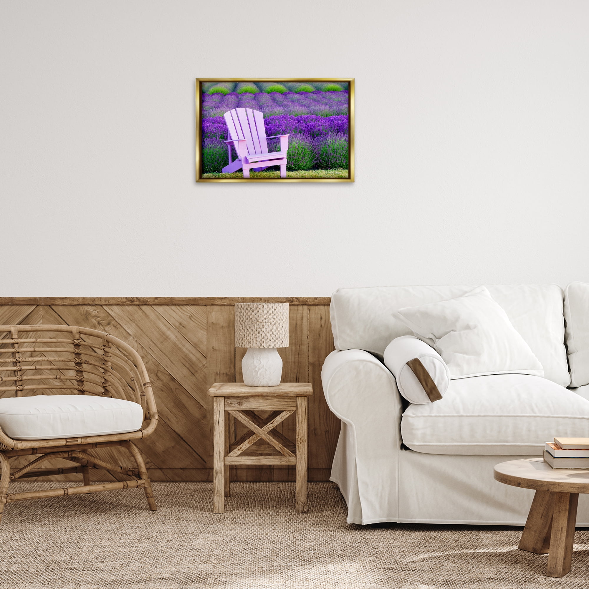 Stupell Industries Chair & Lavender Field Landscape & Nature Painting Gold Floater Framed Canvas Art Print Wall Art, 25 x 17