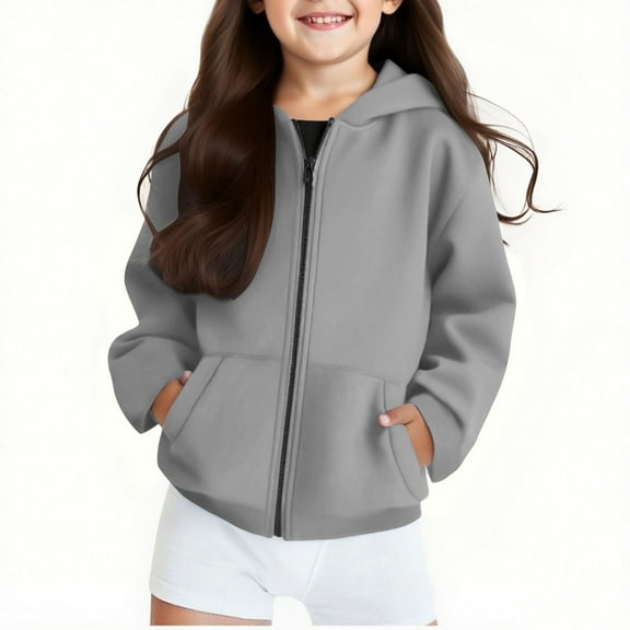 Delliss Girls' Full Zipper Hooded Coat Long Sleeve Sports Sweatshirt Jacket With Pocket Gray 13 Years