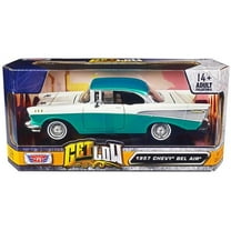 1957 Chevrolet Bel Air Lowrider Turquoise Metallic and White "Get Low" Series 1/24 Diecast Model Car by Motormax