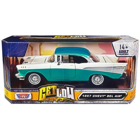 1957 Chevrolet Bel Air Lowrider Turquoise Metallic and White "Get Low" Series 1/24 Diecast Model Car by Motormax