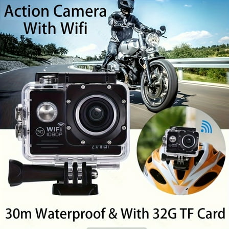Built-in Battery WiFi HD 1080P Action Camera with 2" LCD, 140° Wide Angle, 30m High Quality, 32GB TF Card, Wi-Fi Control & HDTV Output for Motorcycle, Cycling, Vlogging - Multiple Languages