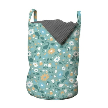 Cartoon Laundry Bag, Abstract Spring with Continuous Flowers Blossom, Hamper Basket with Handles Drawstring Closure for Laundromats, 13" x 19", Aqua Teal, by Ambesonne