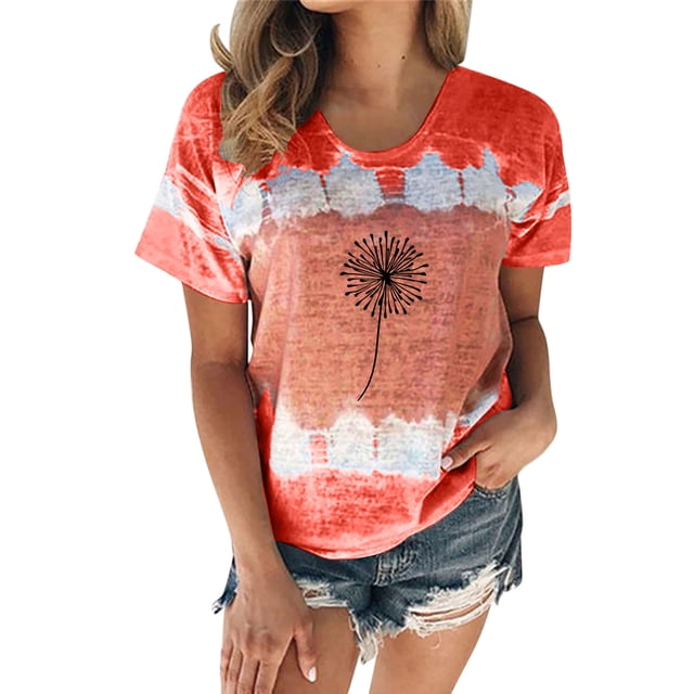 MITCOWBOY Hauts pour Femmes, Mode Décontractée, Col Rond à Fleurs, Impression Teinture sur Nœuds, T-Shirt à Manches Courtes, Blouse, Hauts, Chemises pour Femmes, Chemises Roses pour Femmes, Vin S (Liquidation)