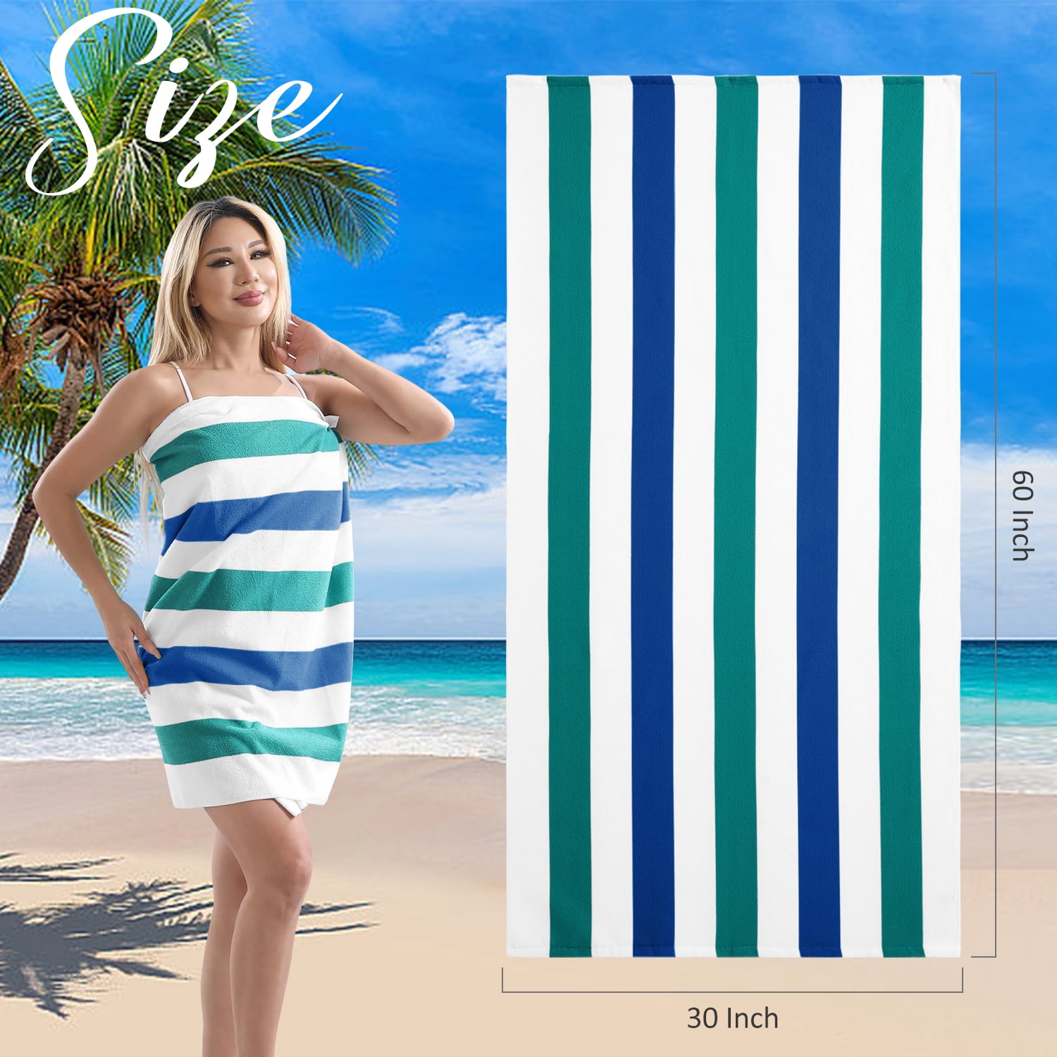 Smuge 4 Pack Cabana Stripe Beach Towels, 60x30 inches Microfiber Lightweight Outdoor Large Swim Towel for Adults (Dark Green Blue)