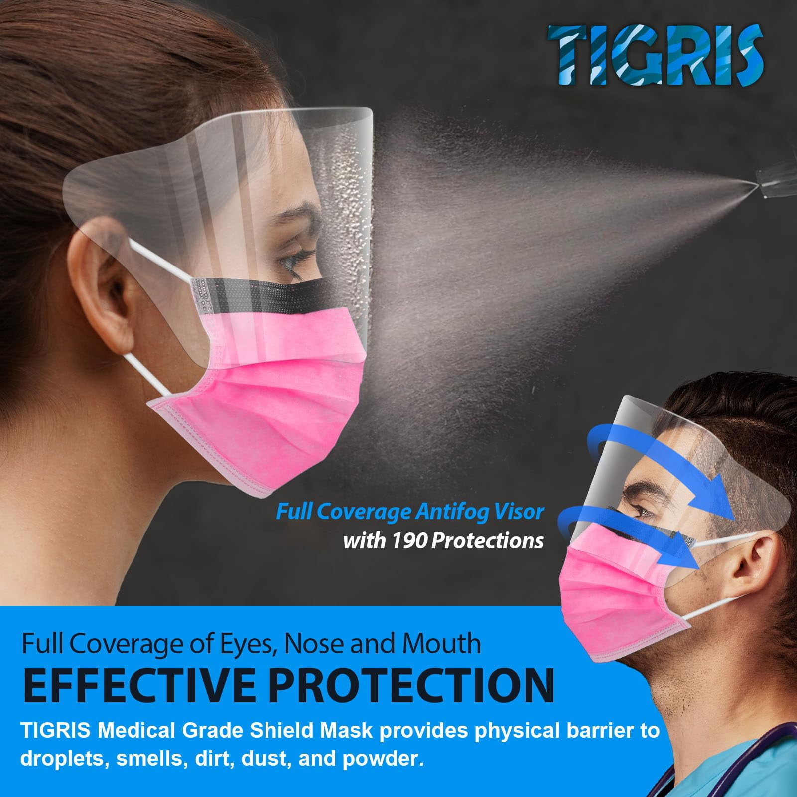 Disposable Face Mask with Shield, 3-Ply, Pink, 250 Count