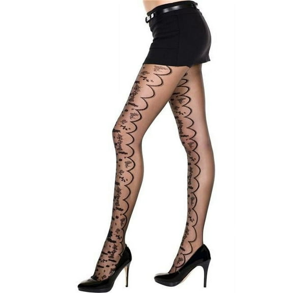 Music Legs Women's 7233-BLACK Romantic Floral Print Spandex Pantyhose, Black