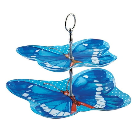Blue Bamboo Handled Serving Plate - Blue Butterfly 2-Tier Serving Tray with Carrying Handle, Dishwasher Safe, Blue