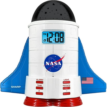 NASA Space Shuttle Night Light Alarm Clock – Wings and Booster Lights Up – Space Design Nightlight Fun with 4 Color Options and 2 Space Themes for Bedroom, Great Gift!