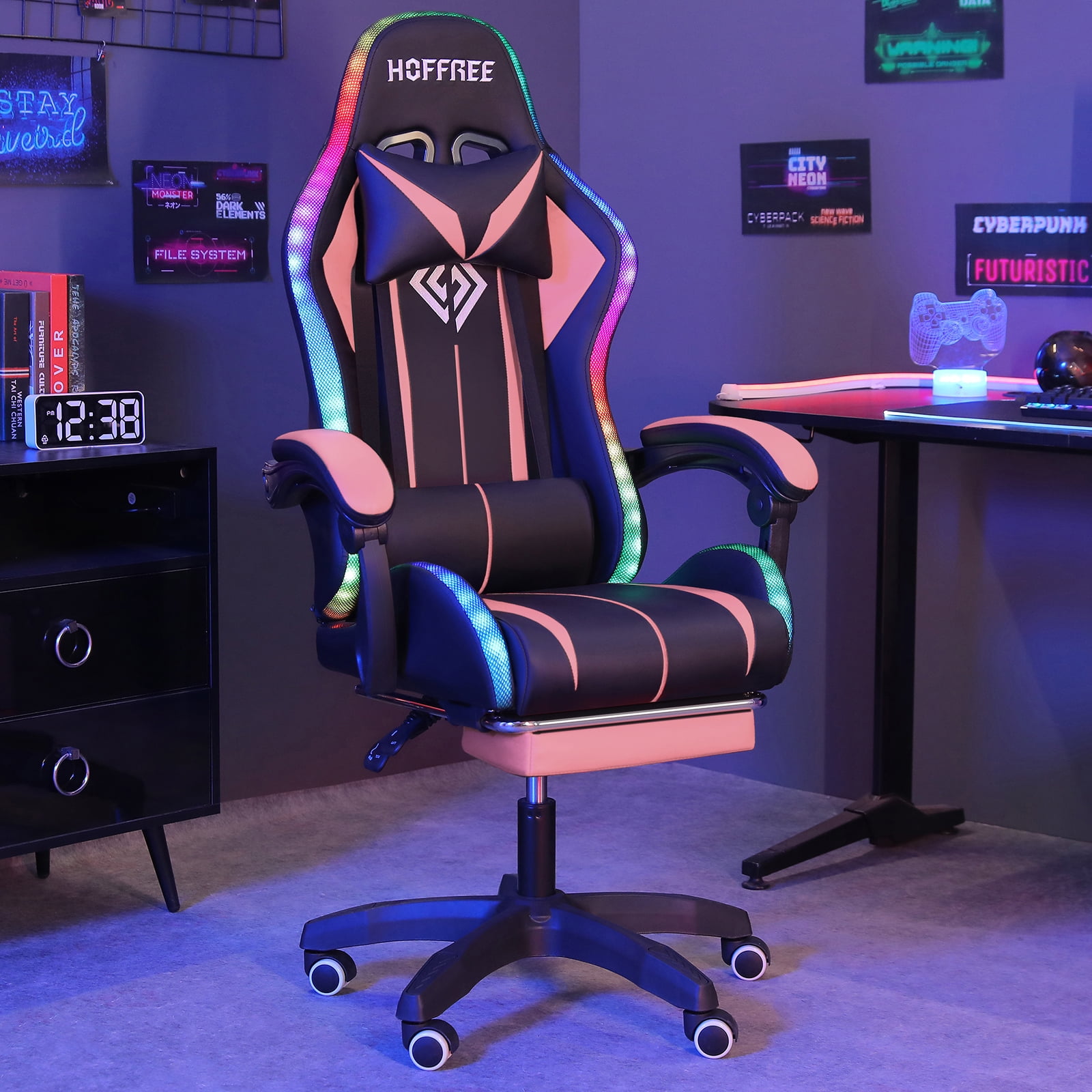 Hoffree Gaming Chair with Bluetooth Speakers and Footrest Massage Office Chair with LED Lights Ergonomic Game Chair High Back with Lumbar Support and Headrest Adjustable Swivel for Adults 300lb