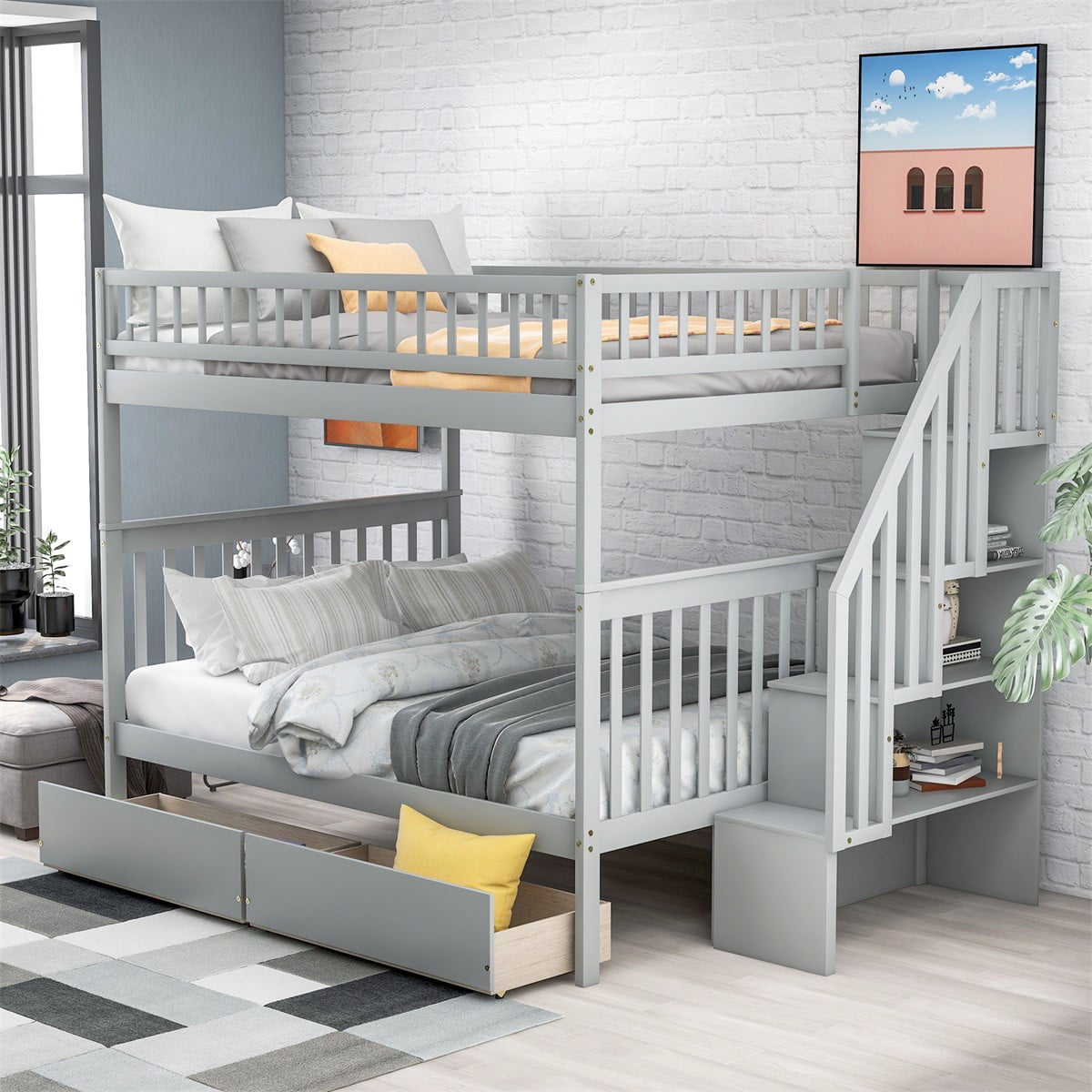 ModernLuxe Full over Full Stairway Bunk Bed with 2 Under Bed Drawers