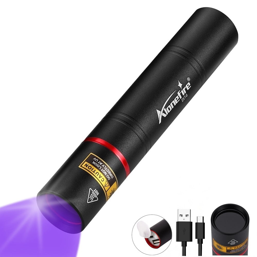 Alonefire SV16 5W Small UV Flashlight 365nm USB Rechargeable Portable Ultraviolet Black Light Mini Stain Minerals Money Pet Urine Detector with Power Outlet, Built-in High-Capacity Battery