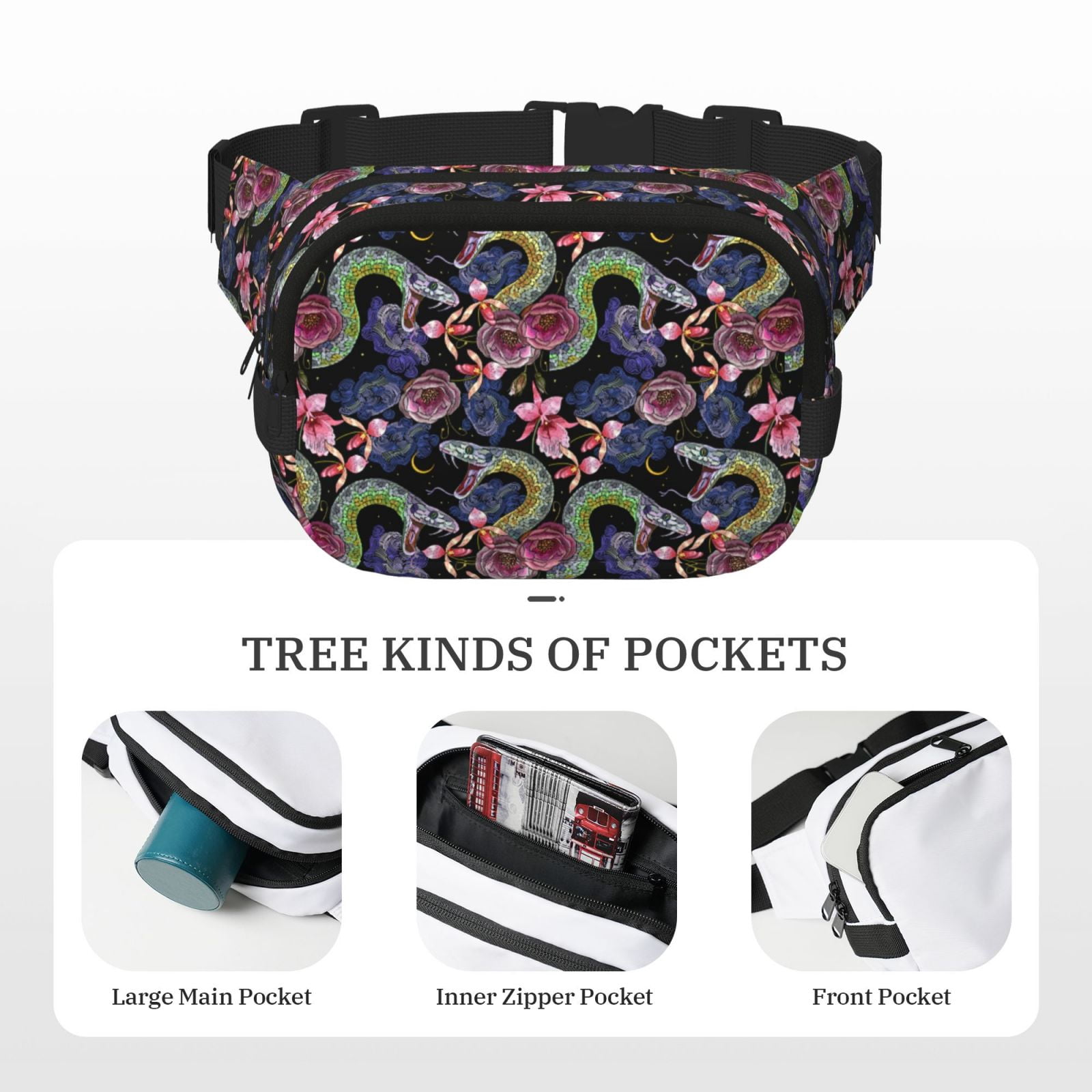 Fuzoiu Snake And Flower Print Unisex Square Double Layer Waist Bag,Crossbody Fanny Pack Travel Workout Accessory